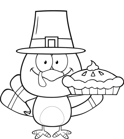 Cute Pilgrim Turkey Holding A Pie Coloring Page